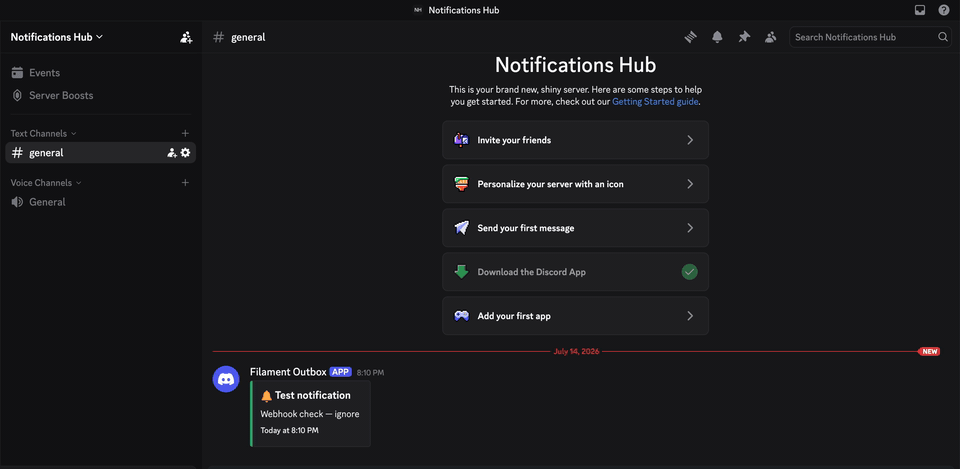 The test notification arriving in Discord